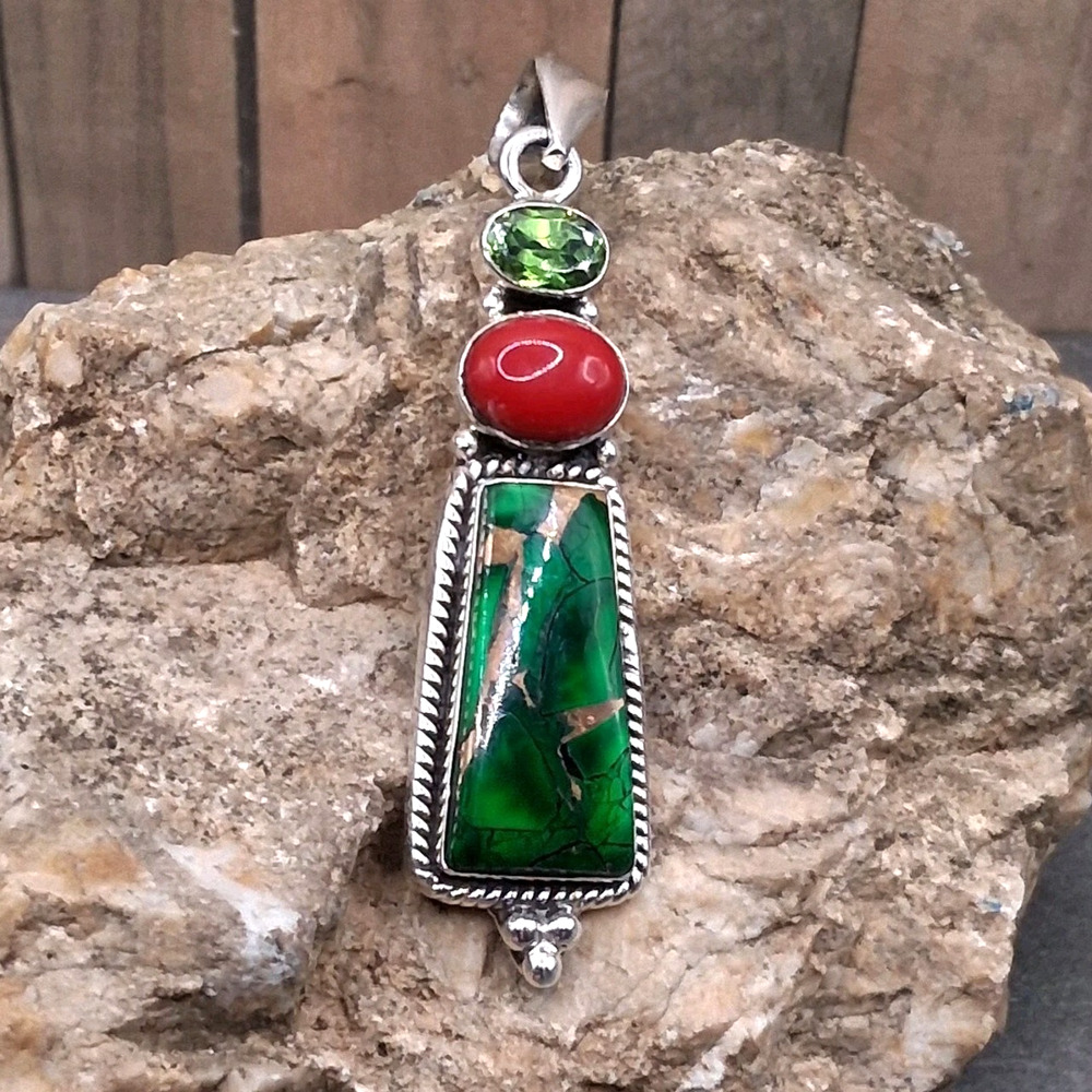 Sterling Silver Coral Irish Dahlia Turquoise Peridot Pendant Southwestern Style